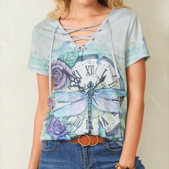 Unbranded Tops - Medieval Sublimation Tattoo Dragonfly Clock Floral Fairy Gypsy Peasant Top Tee
